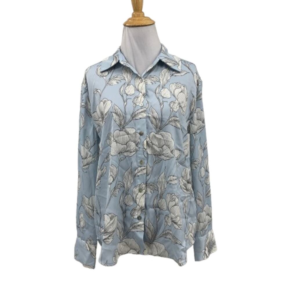 Rachel Zoe Shirt Womens Small Baby Blue Satin Floral Motif Button Up Long Sleeve